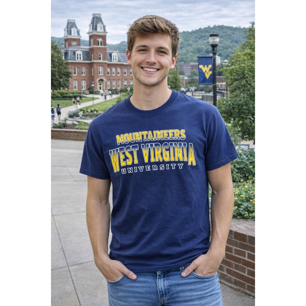 West Virginia Mountaineers University Navy‎ Blue T Shirt - Size Medium